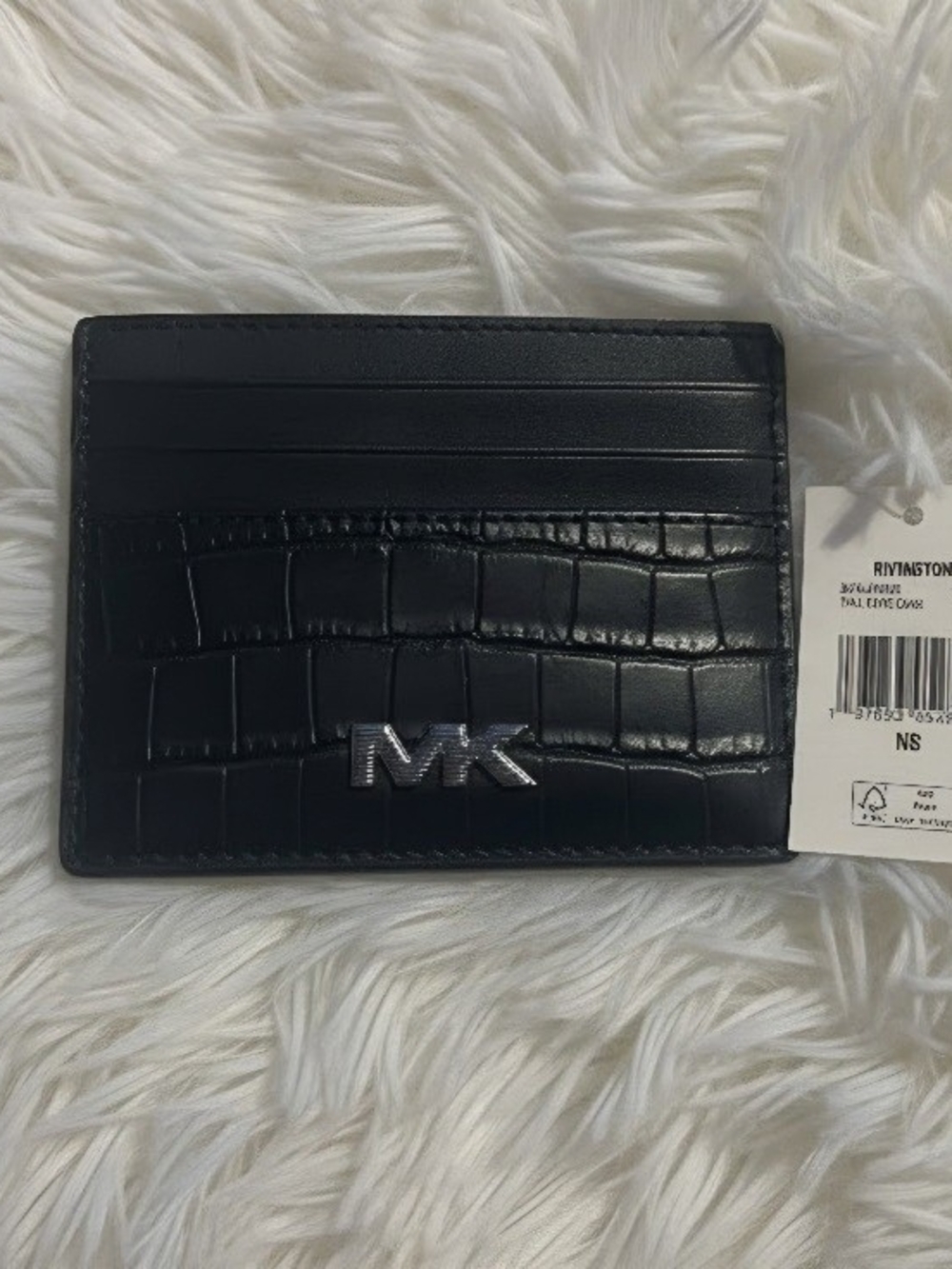 Michael Kors Black Croc-Embossed Card Case with Silver MK Logo